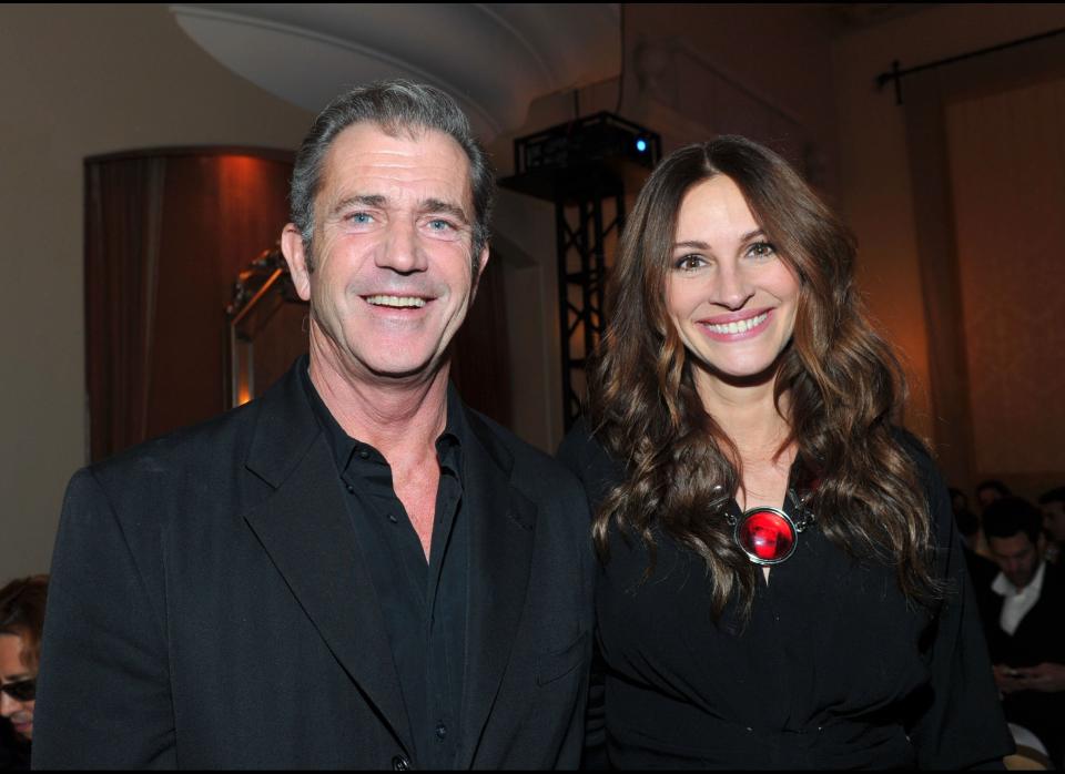 LOS ANGELES, CA - JANUARY 14:  Actors Mel Gibson (L) and Julia Roberts attend the Cinema For Peace event benefitting J/P Haitian Relief Organization in Los Angeles held at Montage Hotel on January 14, 2012 in Los Angeles, California.  (Photo by Alberto E. Rodriguez/Getty Images For J/P Haitian Relief Organization and Cinema For Peace)