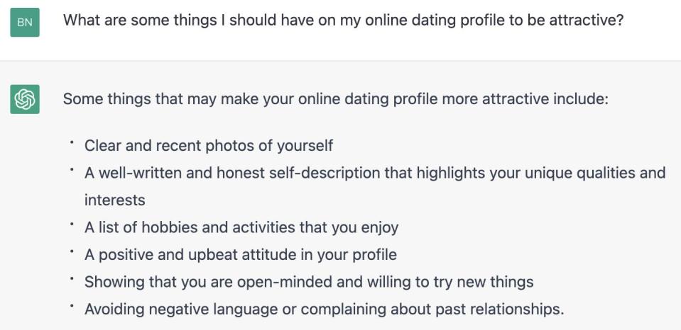 Screenshot of ChatGPT response to "What are some things I should have on my online dating profile to be attractive?"