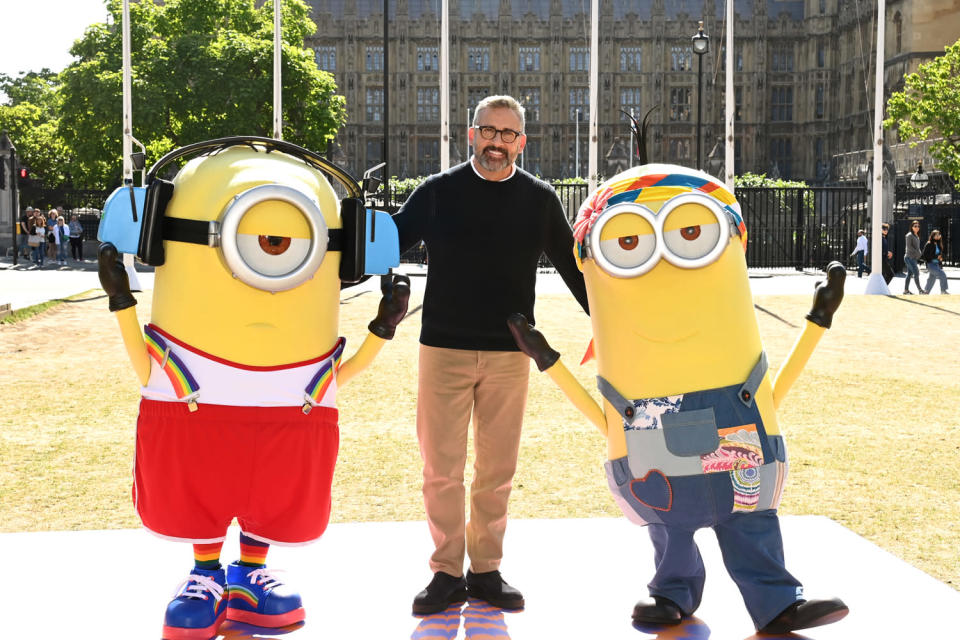 <p>Steve Carell poses with some of his cute costars during a <em>Minions: Rise of Gru </em>photo call in London on June 20.</p>