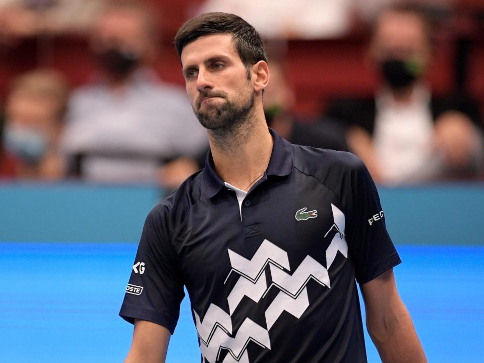 Novak Djokovic of Serbia reacts during his quarter finals match against Lorenzo Sonego of Italy on day seven of the Erste Bank Open tennis tournament at Wiener Stadthalle