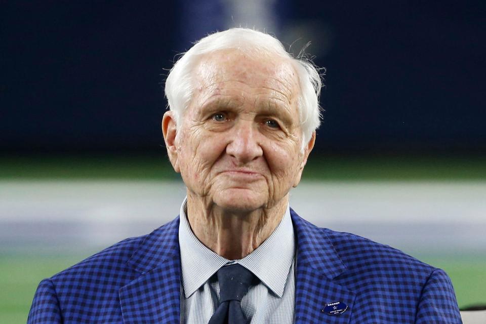 FILE - Gil Brandt is honored during his induction into the Dallas Cowboys Ring of Honor during half-time of an NFL football game between the Dallas Cowboys and the New Orleans Saints, in Arlington, Texas, Nov. 29, 2018. Gil Brandt, overshadowed by coach Tom Landry and general manager Tex Schramm as part of the trio that built the Dallas Cowboys into “America’s Team” in the 1970s, has died. He was 91. The Pro Football Hall of Fame said Brandt died Thursday morning, Aug. 31, 2023. (AP Photo/Ron Jenkins, File)