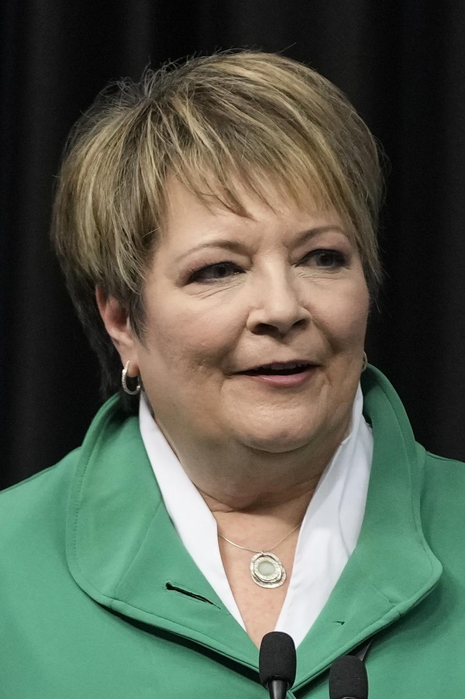 Wisconsin Supreme Court candidate Democratic-supported Janet Protasiewicz participates in a debate Tuesday, March 21, 2023, in Madison, Wis. (AP Photo/Morry Gash)