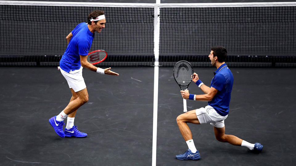 Novak Djokovic and Roger Federer celebrate a point at the Laver Cup. Pic: Getty