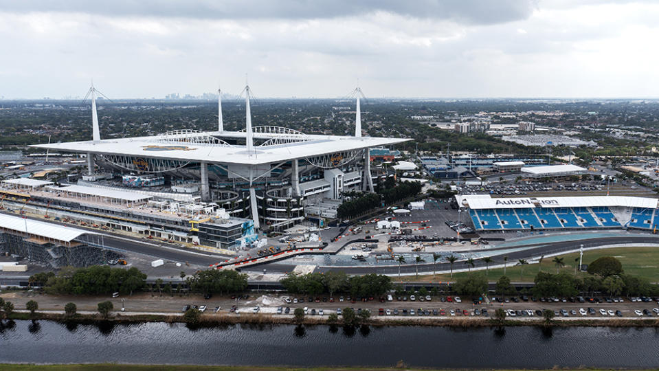 MIAMI GARDENS, FLORIDA - MARCH 14:  An aerial view of Hard Rock Stadium on March 14, 2023 in Miami Gardens, Florida.  This is home stadium where the Miami Dolphins of the National football League play.  It is also where the Miami Open Tennis Tournament is played.  The Formula 1 Miami Grand Prix is held here with The Miami International Autodrome and a purpose-built temporary circuit around Hard Rock Stadium .  (Photo by Al Bello/Getty Images)