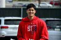 Feb 13, 2018; Tempe, AZ, USA; Los Angeles Angels pitcher Shohei Ohtani looks on during a workout at Tempe Diablo Stadium. Mandatory Credit: Matt Kartozian-USA TODAY Sports