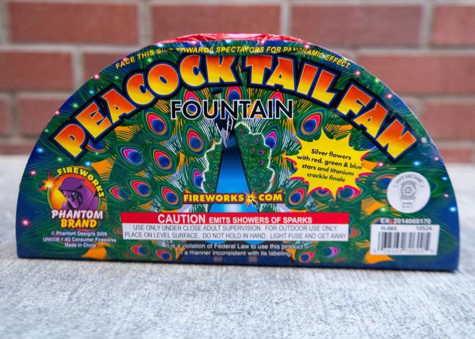 The “Peacock Tail Fan” fountain sits on the ground before testing on Monday. This Phantom Firework fountain released stars in four different colors.