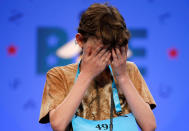 <p>Daniel Larsen, 13, of Bloomington, Indiana, struggles with a word during the 2017 Scripps National Spelling Bee at National Harbor in Oxon Hill, Maryland, U.S., May 31, 2017. (Joshua Roberts/Reuters) </p>