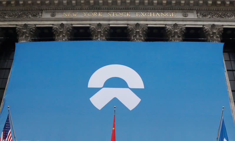 Chinese electric vehicle start-up NIO Inc. logo is on display in front of the NYSE to celebrate the company’s IPO in New York