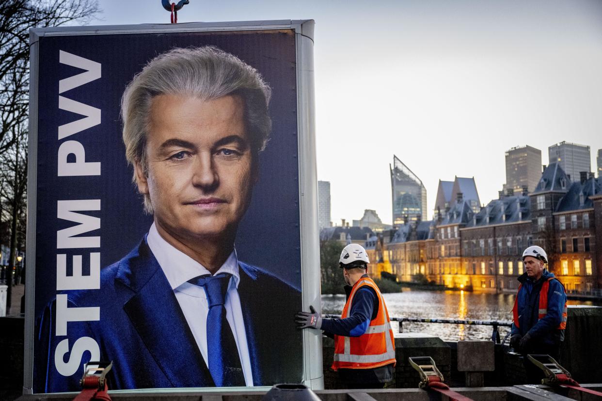 THE HAGUE - Geert Wilders PVV election signs at the Binnenhof, a day after the House of Representatives elections. ANP ROBIN UTRECHT netherlands out - belgium out