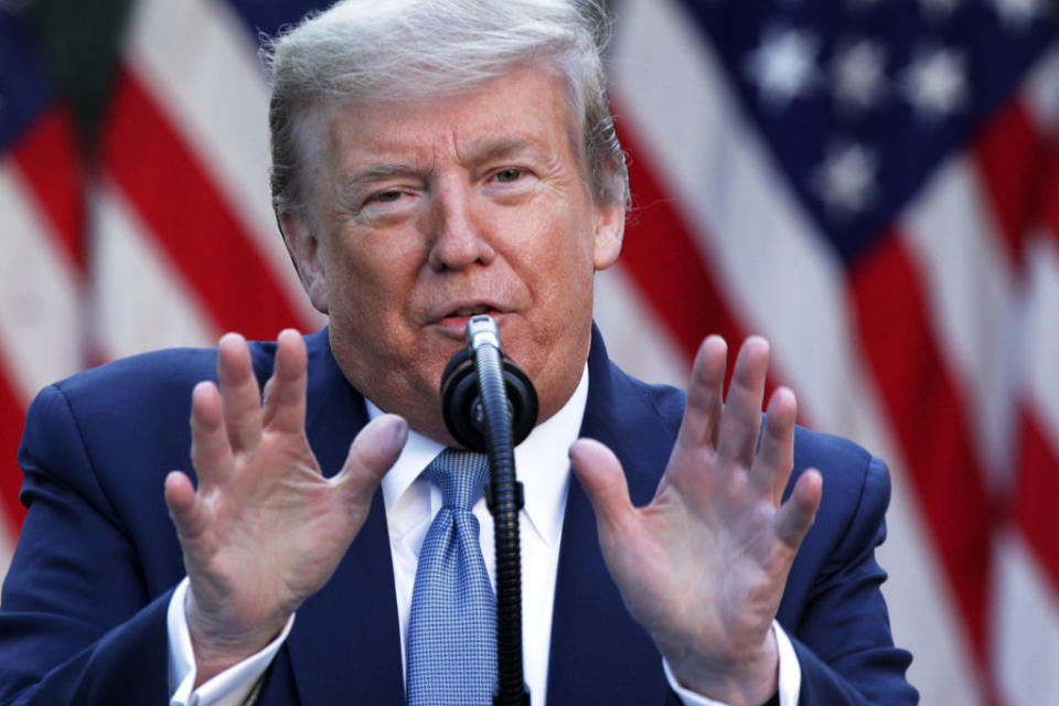 Pictured is US President Donald Trump speaking during a daily briefing of the White House Coronavirus Task Force in the Rose Garden at the White House.