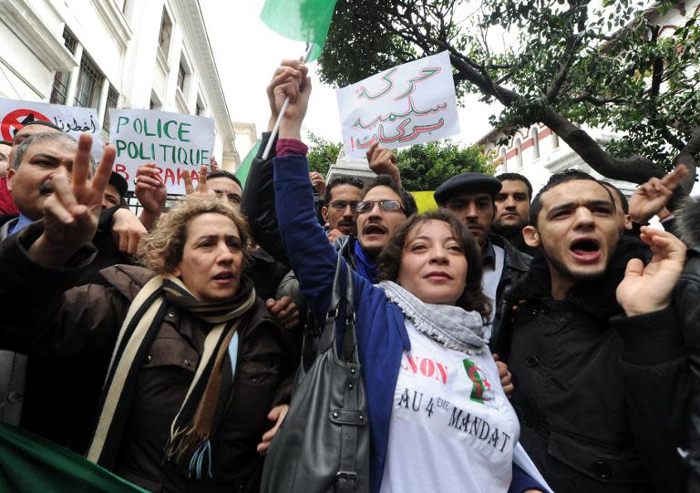 Algerian demonstrators protest in Algiers against ailing President Abdelaziz Bouteflika's decision to seek a fourth term in the next month's election, on March 15, 2014