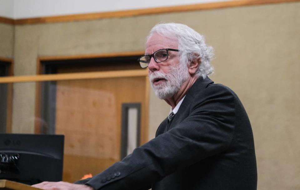 Jeffry Radding, Brandi Turner’s attorney, gives opening statements in the murder trial against his client in San Luis Obispo Superior Court on Jan. 8, 2024. Turner is accused of selling fentanyl to Quinn Hall, who died of an overdose on Oct. 26, 2022.