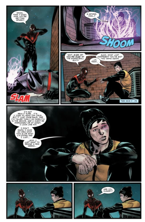 <em>Prévia de Darkhawk #4 mostrando conversa entre o Falcão de Aço e Miles Morales (Imagem: Reprodução/Marvel Comics)</em>