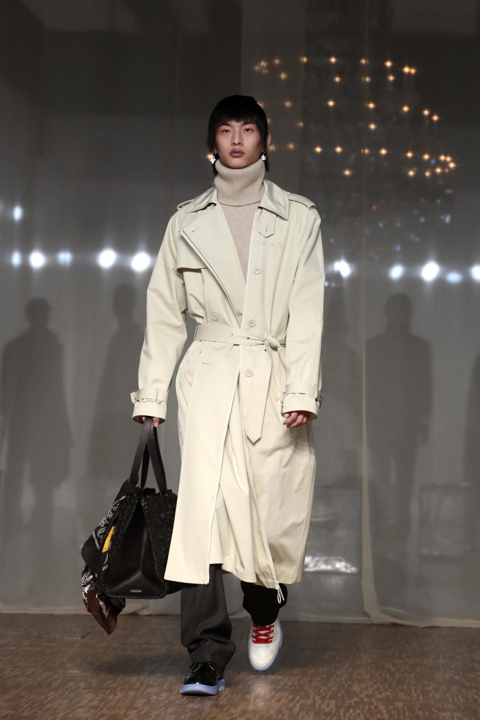 A model presents a creation for Off White Men's Fall/Winter 2019-2020 fashion collection presented in Paris, Wednesday Jan. 15, 2020. (AP Photo/Thibault Camus)