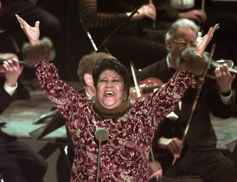 FILE - This Feb. 25, 1998 file photo shows Aretha Franklin after performing "Nessun Dorma" from Puccini's "Turandot" as a last-minute replacement for an ailing Luciano Pavarotti at the 40th Annual Grammy Awards in New York. The 62nd Annual Grammy Awards ceremony will be held on Sunday, Jan. 26, 2020, at the Staples Center in Los Angeles. (AP Photo/Mark Lennihan, File)