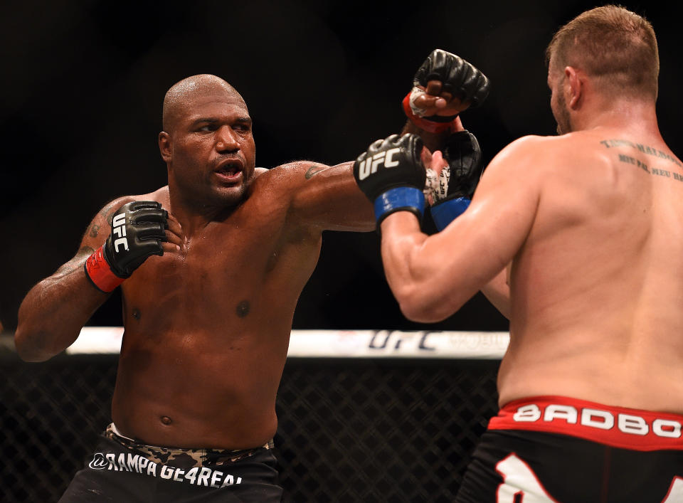MONTREAL, QC - APRIL 25:  (L-R) Quinton 'Rampage' Jackson of the United States punches Fabio Maldonado of Brazil in their UFC catchweight bout during the UFC 186 event at the Bell Centre on April 25, 2015 in Montreal, Quebec, Canada. (Photo by Jeff Bottari/Zuffa LLC/Zuffa LLC via Getty Images)