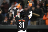 Baltimore Orioles' Cedric Mullins celebrates his home run against the Oakland Athletics during the fourth inning of a baseball game Friday, April 26, 2024, in Baltimore. (AP Photo/Nick Wass)