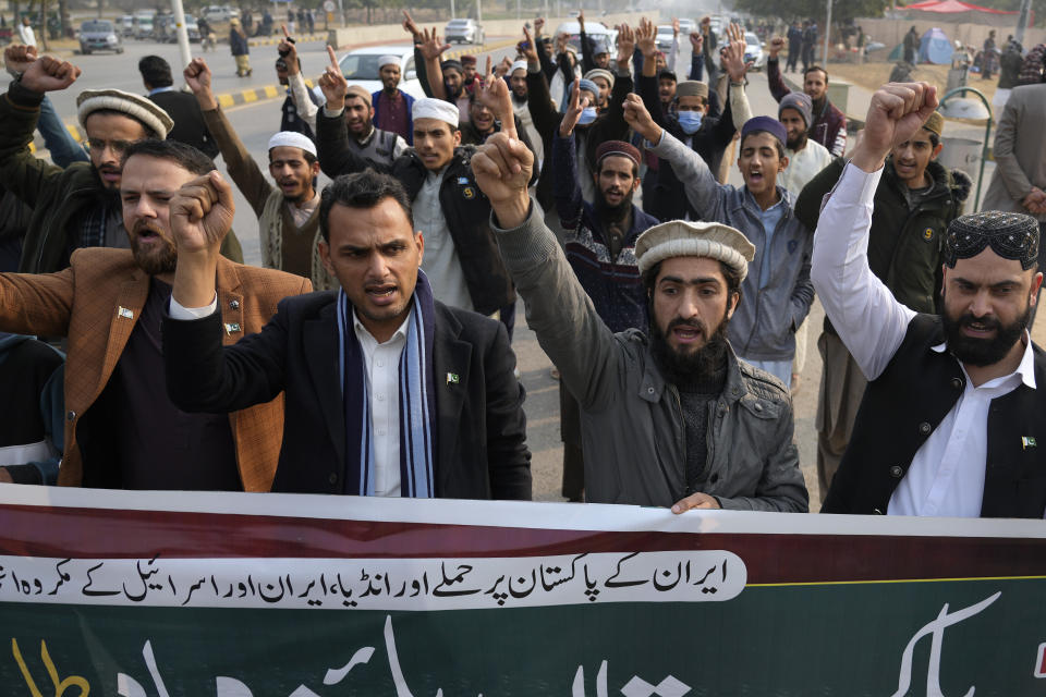 Members of Muslim Talba Mahaz Pakistan chant slogans at a demonstration to condemn Iran strike in the Pakistani border area, in Islamabad, Pakistan, Thursday, Jan. 18, 2024. Pakistan's air force launched retaliatory airstrikes early Thursday on Iran allegedly targeting militant positions, a deadly attack that further raised tensions between the neighboring nations. (AP Photo/Anjum Naveed)