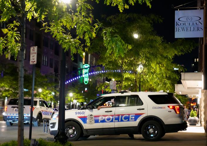 May 19, 2023; Columbus, Ohio, USA; In the wake of the gun violence Columbus police had an increased presence in cruisers, on bicycles and on foot in the Short North. Columbus Mayor Andrew J. Ginther requested that businesses voluntarily close at midnight for the upcoming weekend.