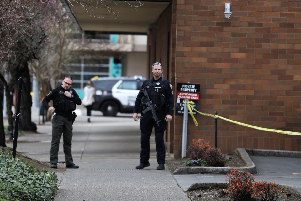 Salem Police set a perimeter following a shooting at Salem Center mall in March 2022.