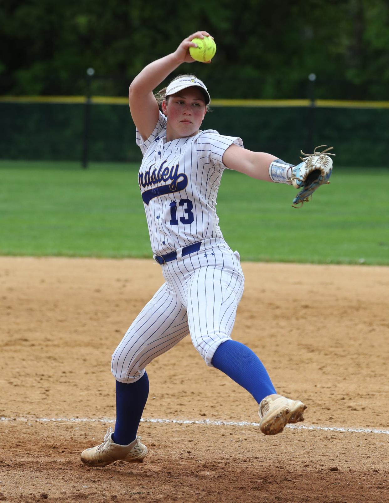 Ardsley's Sofia Haber pitches during a game with Eastcherster at Ardsley May 6, 2024. Eastchester won 9-2.