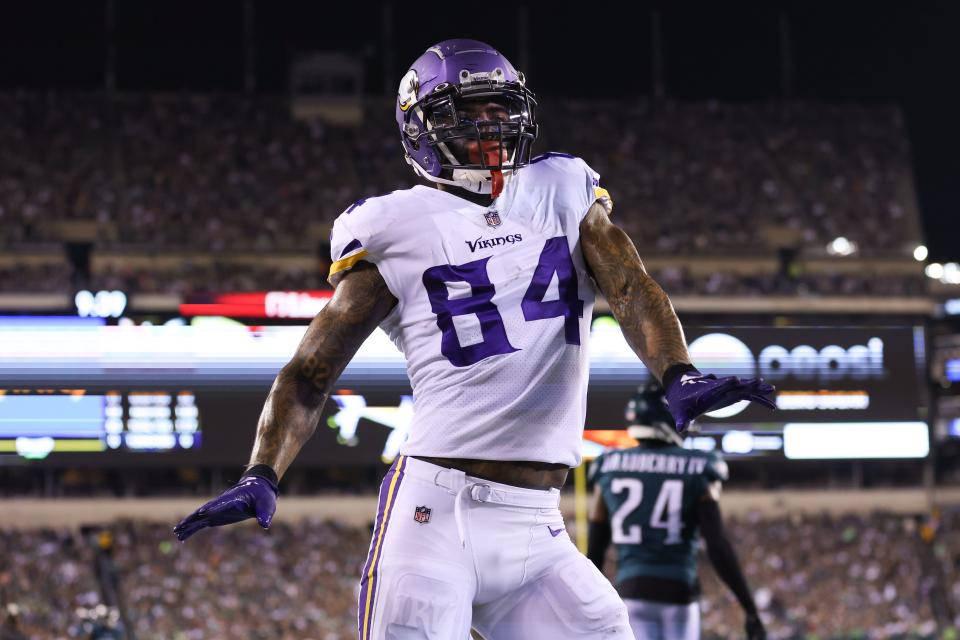 Sep 19, 2022; Philadelphia, Pennsylvania, USA; Minnesota Vikings tight end Irv Smith Jr. (84) celebrates after scoring a touchdown against the Philadelphia Eagles during the second quarter at Lincoln Financial Field.