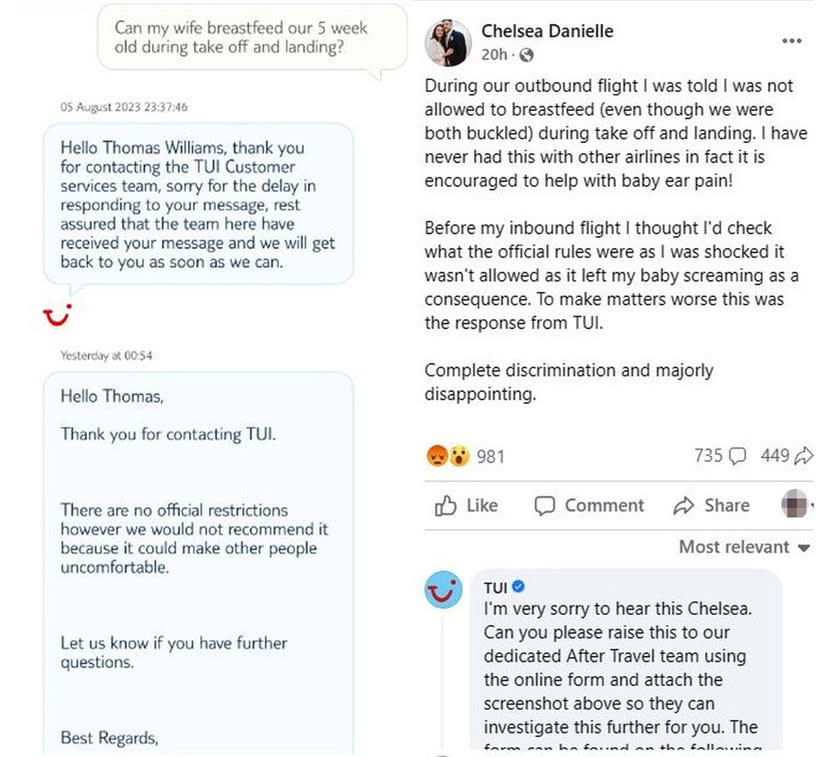 Chelsea Williams posted about the incident on Facebook after TUI messaged her about breastfeeding on the plane. (Kennedy News)