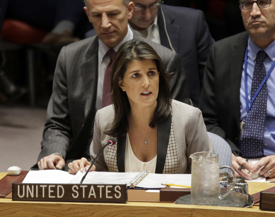 FILE-In this Monday, Nov. 26, 2018 file photo, United States Ambassador to the United Nations Nikki Haley speaks during a security council meeting at United Nations headquarters. President Donald Trump's former U.N. ambassador, Nikki Haley , alleges in her upcoming memoir that two top administration officials, then-Secretary of State Rex Tillerson and then-White House chief of staff John Kelly, tried to enlist her in opposing some of Trump's policies. (AP Photo/Seth Wenig, File)