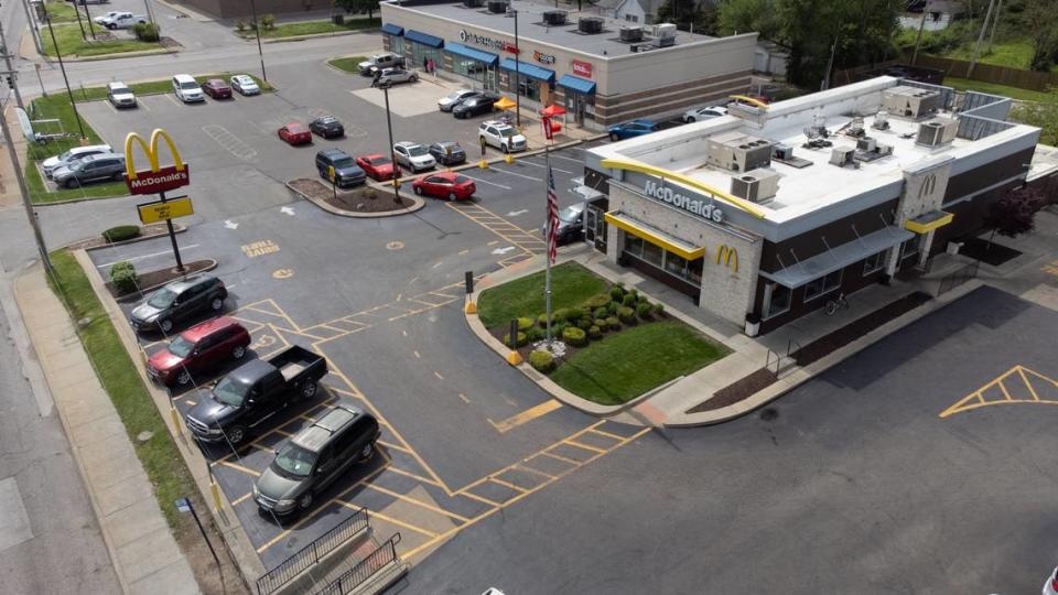 Drone photograph of a McDonald’s in East St. Louis, Ill. on May 2, 2024, the day after a shooting took place in the restaurant.