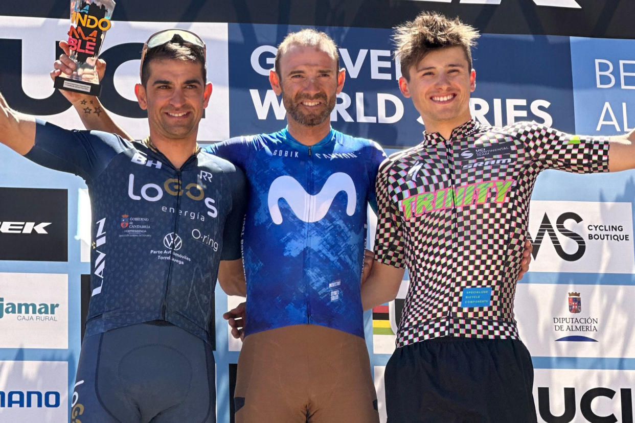  Alejandro Valverde atop the podium at his first gravel race at La Indomable 