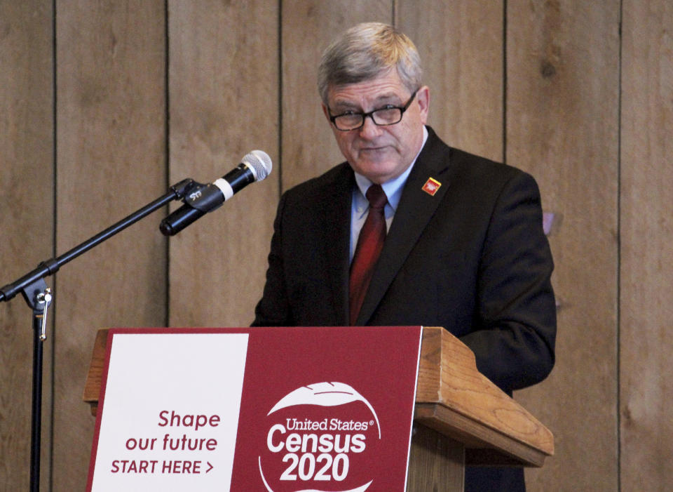 U.S. Census Bureau Director Steven Dillingham addresses state and Alaska Native leaders Friday, Jan. 17, 2020, in Anchorage, Alaska. Dillingham will travel to Toksook Bay, on an island just off Alaska's western coast, for the first count on Tuesday, Jan. 21, 2020. (AP Photo/Mark Thiessen)