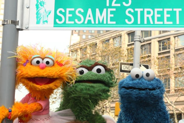 Sesame Street characters at 'Sesame Street' 40th Anniversary temporary street renaming in Dante Park on Nov. 9, 2009 in NYC. - Credit: Astrid Stawiarz/Getty Images