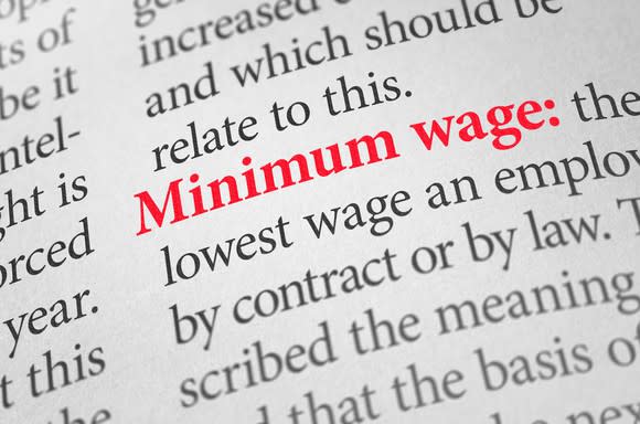 Dictionary definition page with Minimum Wage highlighted in red.