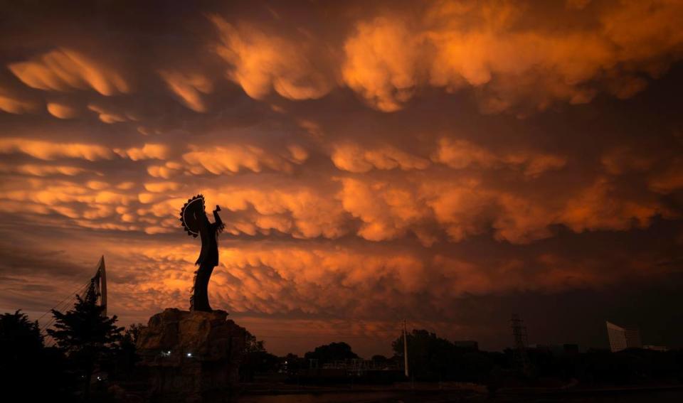 Mammatus clouds cover the Wichita sky at the Keeper of the Plains Tuesday, April 30, 2024, after a line of thunderstorms passed through the area.