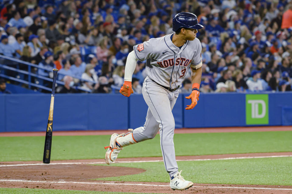 Houston Astros' Jeremy Pena heads to first on a home run during the sixth inning of a baseball game against the Toronto Blue Jays on Friday, April 29, 2022, in Toronto. (Christopher Katsarov/The Canadian Press via AP)