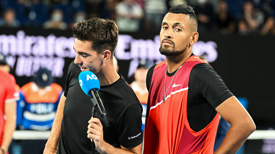 Thanasi Kokkinakis (pictured left) and Nick Kyrgios (pictured right) speak after winning the doubles title at the Australian Open.