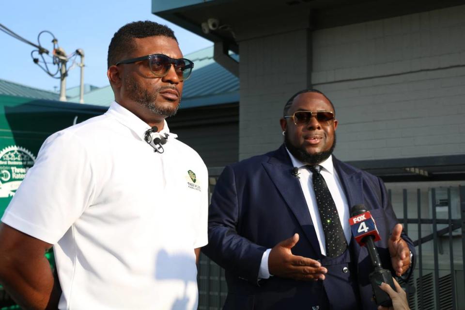 Tree of Life Funeral Directors owners Parish Lowery (left) and Andrew Kirkland (right) hosted the balloon release on Friday, July 12, 2024 for Ivy Pierce, 4, and her sister Wynter Thouston, 1. They were also among the activists demanding gun violence to stop.