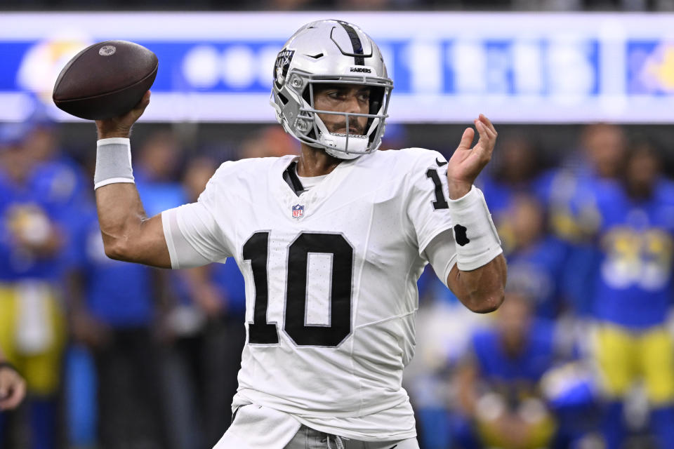 Las Vegas Raiders quarterback Jimmy Garoppolo throws during the first half of a preseason NFL football game against the Los Angeles Rams Saturday, Aug. 19, 2023, in Inglewood, Calif. (AP Photo/Alex Gallardo)