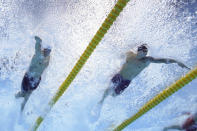 Caeleb Dressel, of the United States, right, swims to win the gold medal in the men's 50-meter freestyle final followed by Florent Manaudou, of France, for silver at the 2020 Summer Olympics, Sunday, Aug. 1, 2021, in Tokyo, Japan. (AP Photo/Jeff Roberson)