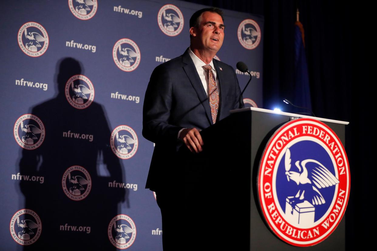 Gov. Kevin Stitt addresses a crowd gathered in Oklahoma City during a September 2023 speech.