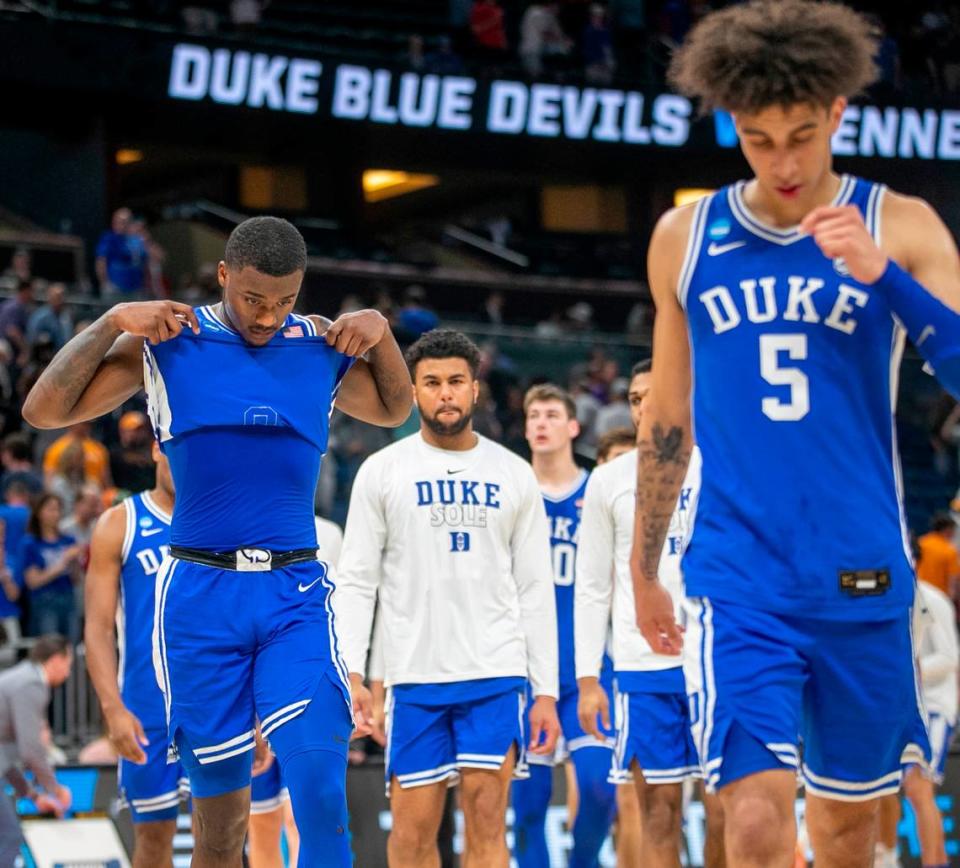 Duke’s Dariq Whitehead (0) and Tyrese Proctor (5) leave the court following the Blue Devils’ 65-52 loss to Tennessee in the second round of the NCAA Tournament on Saturday, March 18, 2023 at the Amway Center in Orlando, Fla.