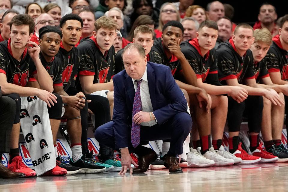 Feb. 2, 2023; Columbus, Ohio; Wisconsin Badgers head coach Greg Gard watches from the bench during the second half of the NCAA men’s basketball game against the <a class="link " href="https://sports.yahoo.com/ncaaw/teams/ohio-st/" data-i13n="sec:content-canvas;subsec:anchor_text;elm:context_link" data-ylk="slk:Ohio State Buckeyes;sec:content-canvas;subsec:anchor_text;elm:context_link;itc:0">Ohio State Buckeyes</a> at Value City Arena. <a class="link " href="https://sports.yahoo.com/ncaaw/teams/ohio-st/" data-i13n="sec:content-canvas;subsec:anchor_text;elm:context_link" data-ylk="slk:Ohio State;sec:content-canvas;subsec:anchor_text;elm:context_link;itc:0">Ohio State</a> lost 65-60. Adam Cairns-The Columbus Dispatch