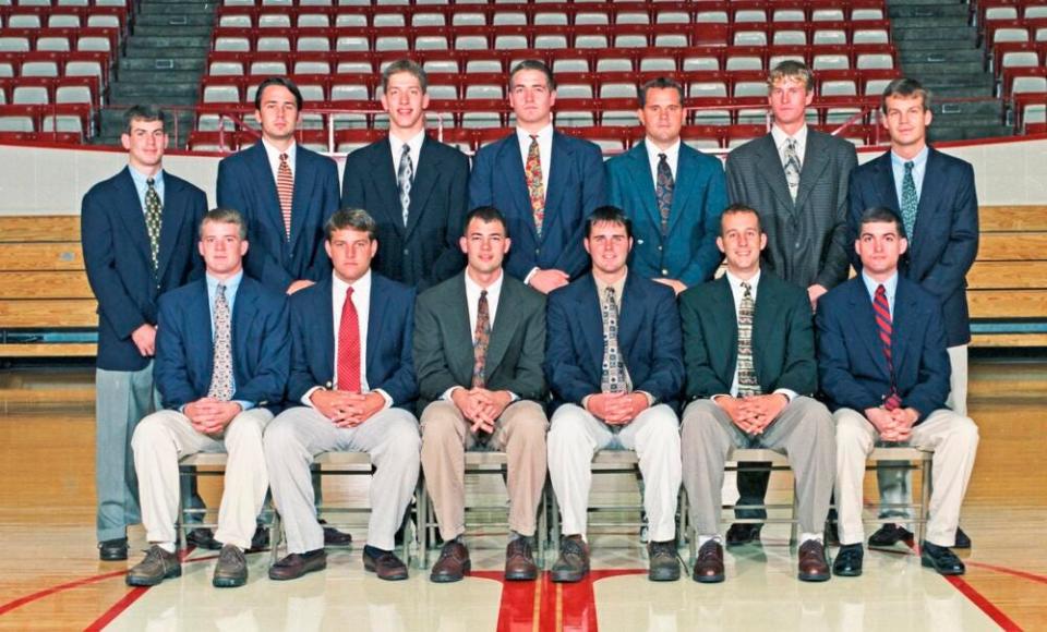 IU's basketball managers for 1997-98 season (front row, L to R): Dusty May, Ryan Michaelis, Mike Schrage, Bob Housel, Josh Shanklin, and Robbi Bakalar. (back row, L to R) Joe Pasternack, Kyle Bailey, Jeremiah Shirk, Andy Murphy, Andy Walter, Jon Leslie, and Matt Babrick.