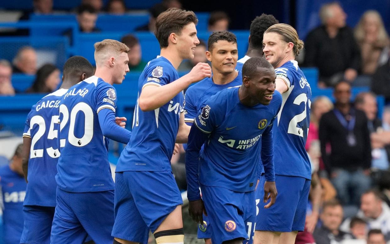 Chelsea's Nicolas Jackson, second right, celebrates with teammates after scoring his side's fifth goal