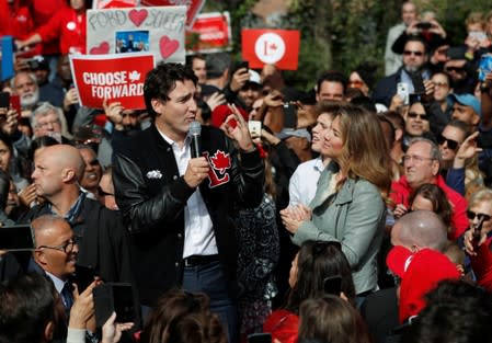 Liberal leader and Canadian Prime Minister Justin Trudeau and his wife Sophie Gregoire Trudeau attend an election campaign visit to London