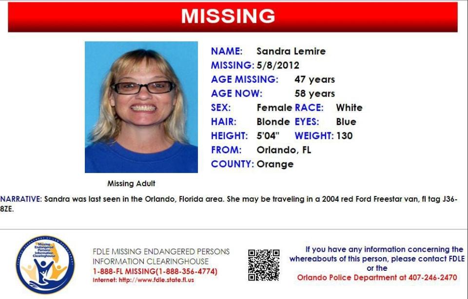 Sandra Lemire was last seen in Orlando on May 8, 2012.