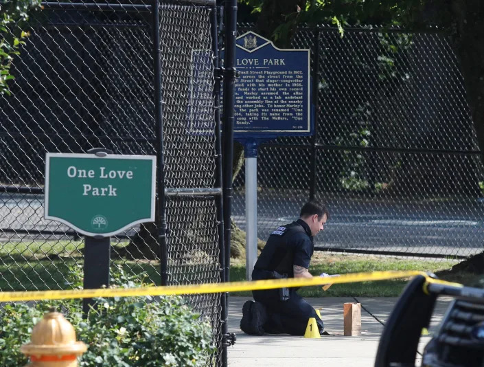 Wilmington police investigate a shooting in One Love Park at 24th and Tatnall Streets Friday afternoon, June 24, 2022.