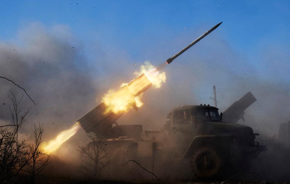 Pro Russian rebels fire grad rockets on Ukrainian positions under orders of Olga Sergeevna, also known as Corsa, on February 13, 2015, in Debaltseve, Ukraine.