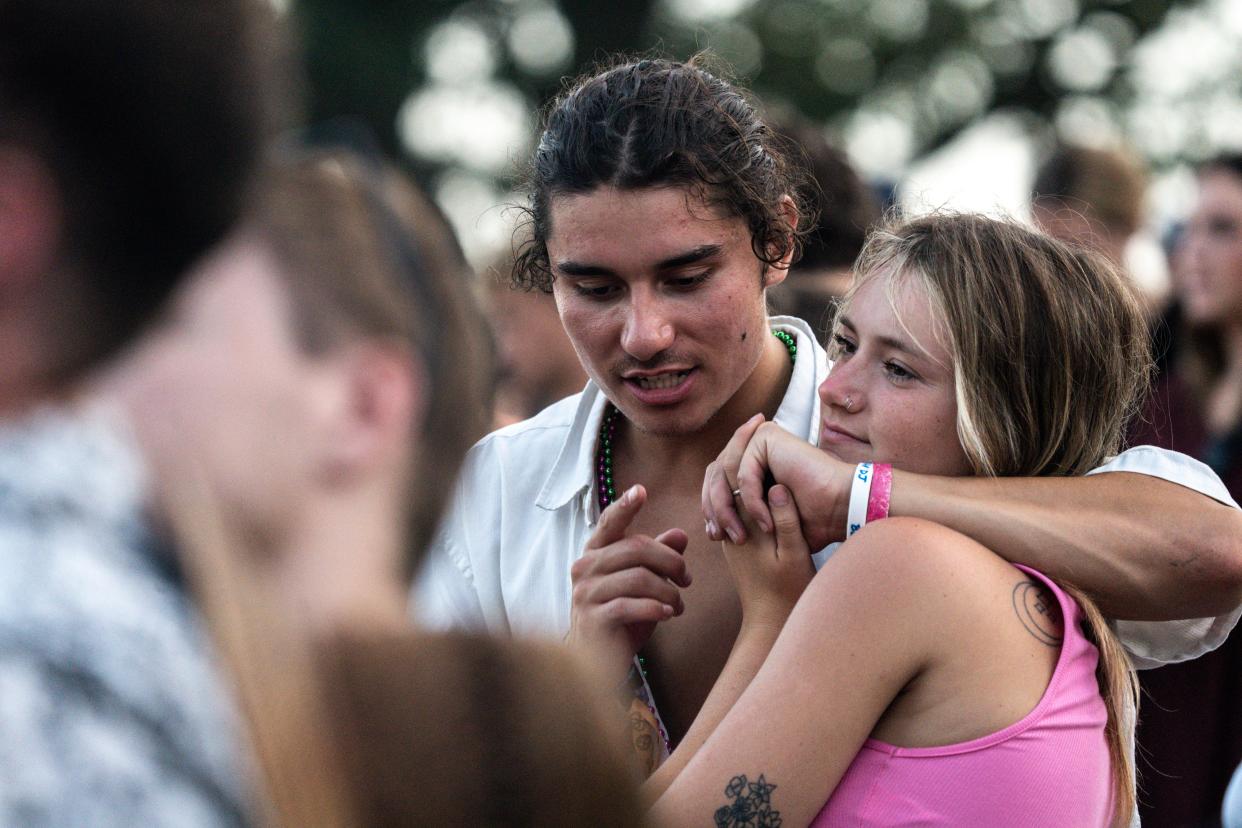 Fans sing along Noah Kahan performs during day two of Hinterland in St. Charles.