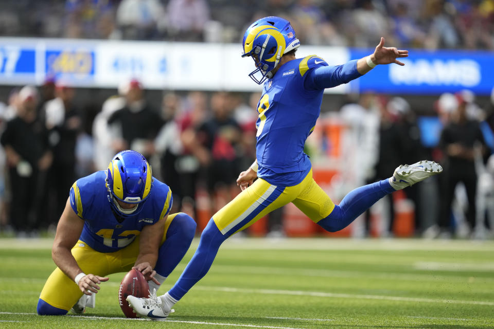 Los Angeles Rams place kicker Brett Maher (8) makes a field goal during the first half of an NFL football game against the Arizona Cardinals Sunday, Oct. 15, 2023, in Inglewood, Calif. (AP Photo/Ashley Landis)